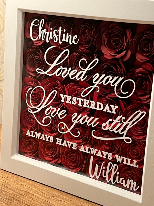 Shadow box heart, 3D rolled paper flowers personalised handmade paper roses, heart with verse, flower box,Valentines, 16.5 cm x 16.5cm frame