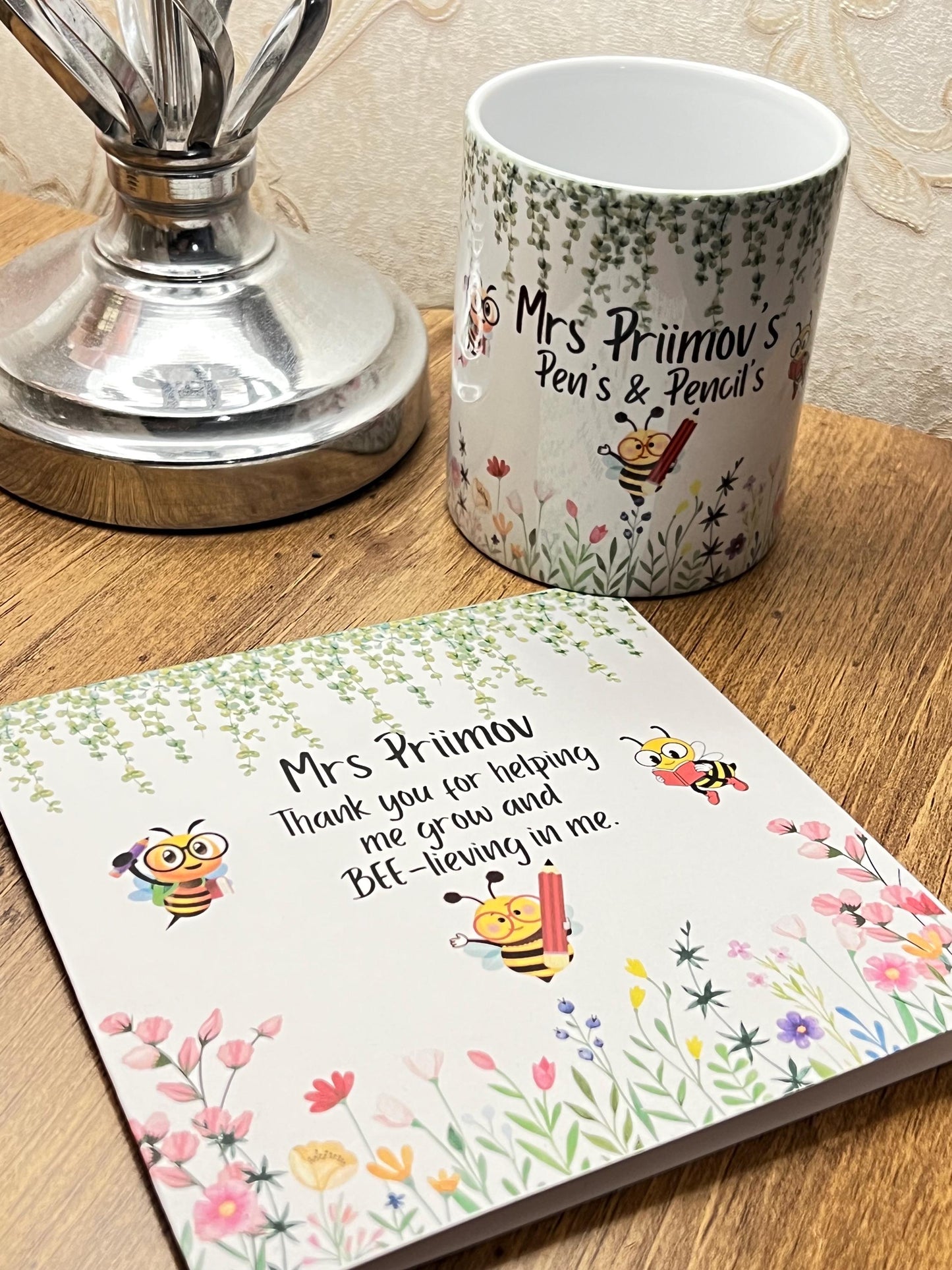 Teacher thank you card. Bee card. Garden Teacher end of year card. personalised with teachers name. 6x6 inch quality card and white envelope