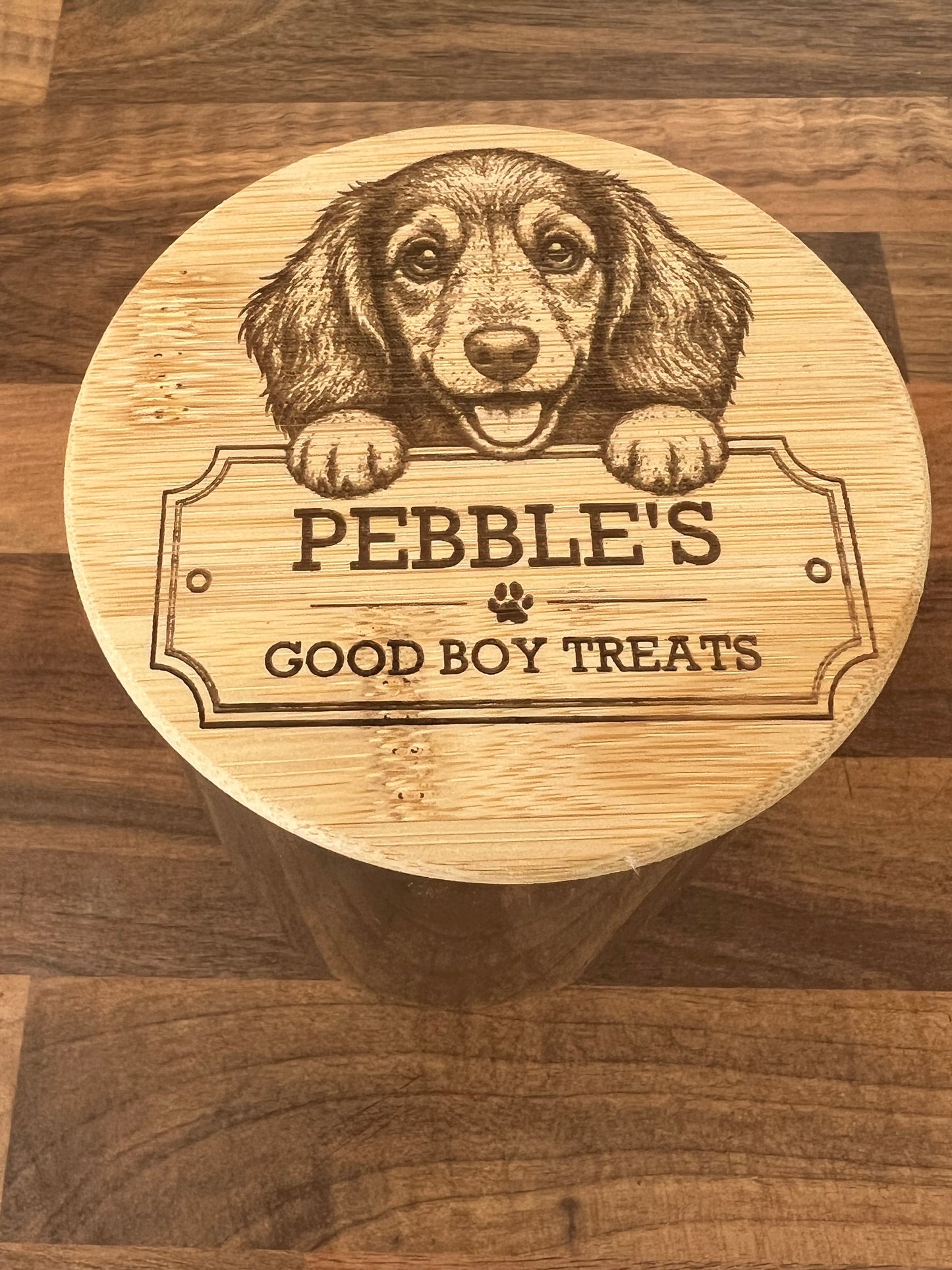 Personalised Dachshund Dog Treats Jar with Bamboo Lid, Custom Engraved Storage Container for Sausage Dog Gifts, 700ml Airtight Pet Food Canister
