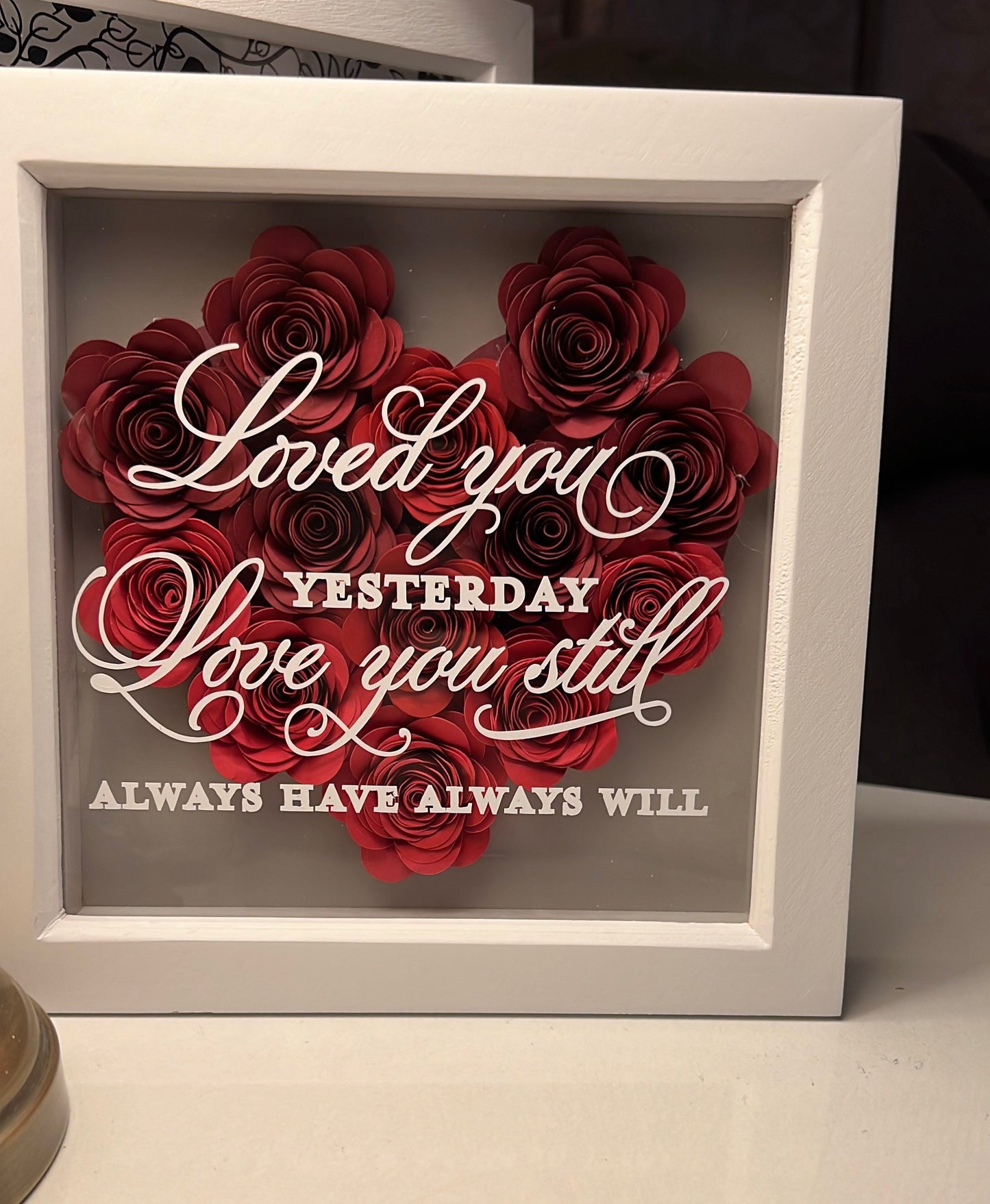 Shadow box heart, 3D rolled paper flowers personalised handmade paper roses, heart with verse, flower box,Valentines, 16.5 cm x 16.5cm frame