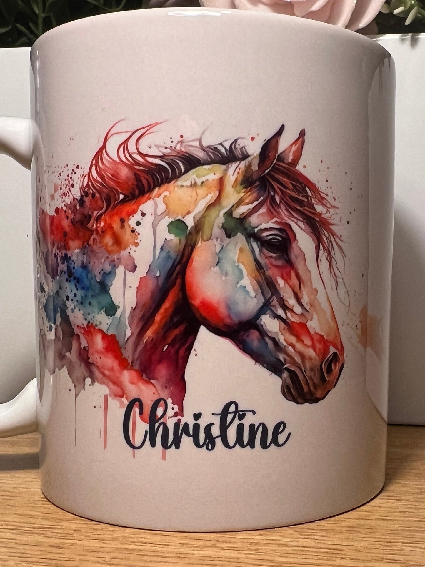 Personalised horse cup, mug. 11oz, water colour art horse with any name great gift. Equestrian, horse rider gift. love horses art mug