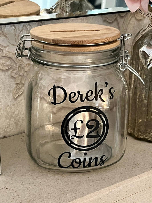 Personalised 1 or 2 pound coin jar,Money Box . Piggy bank with money slot. Can be any name and coin of your choice.savings jar