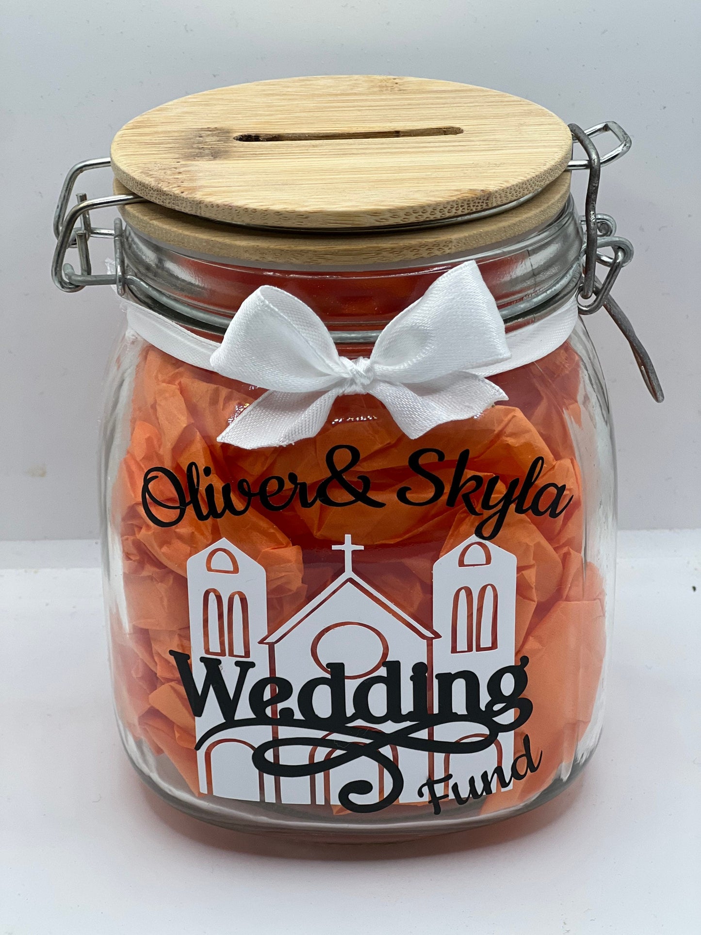 Personalised Wedding fund glass jar Money Box . Savings jar . Piggy bank with money slot.