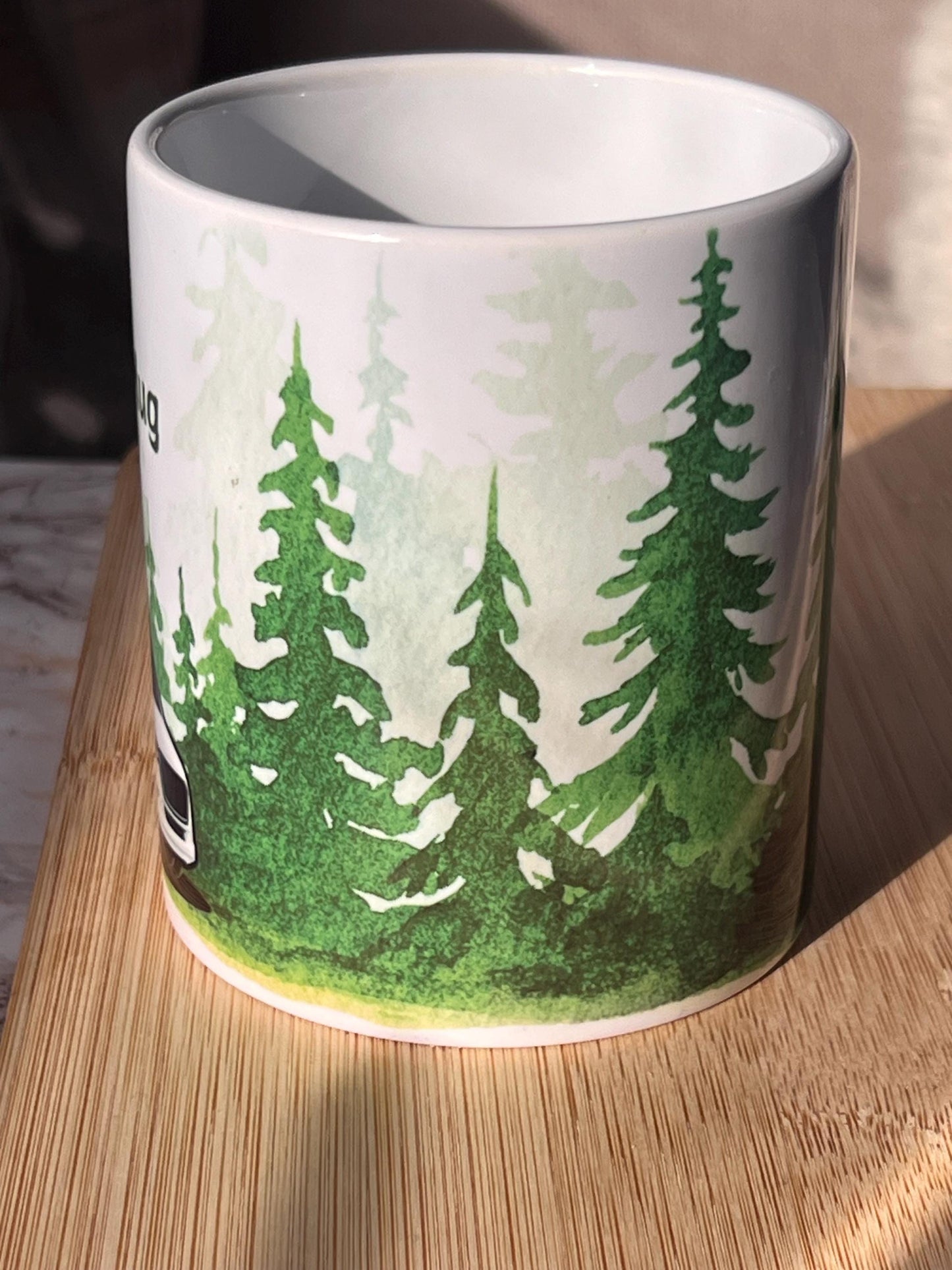 Motorhome personalised mug. Custom made with name. Motorhome set in a watercolour forest background. Motorhome gift.