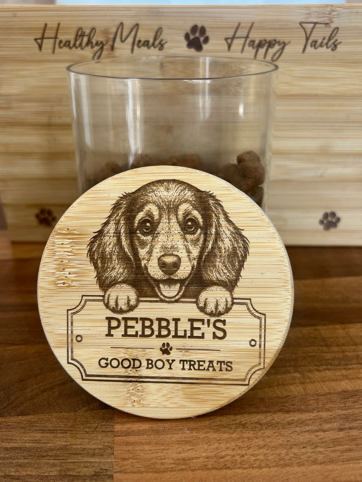Personalised Dachshund Dog Treats Jar with Bamboo Lid, Custom Engraved Storage Container for Sausage Dog Gifts, 700ml Airtight Pet Food Canister
