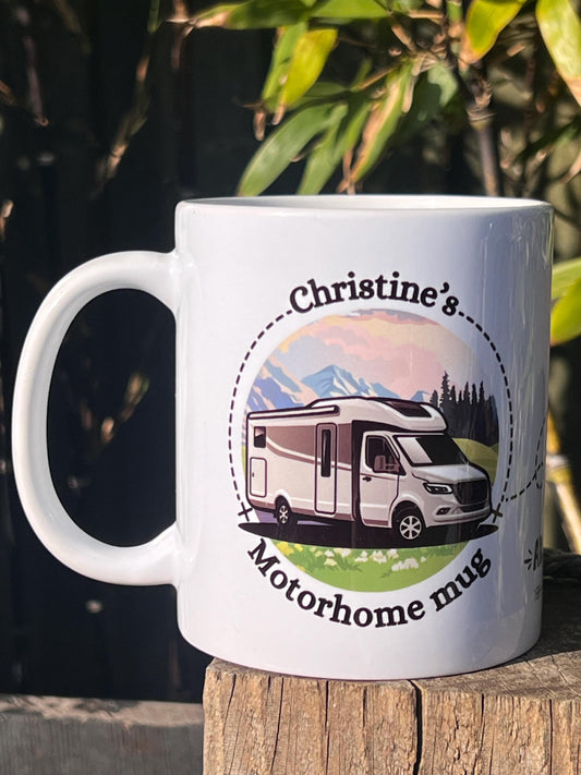 Motorhome personalised mug. Custom made with name. The adventure begins and compass image. Ideal traveller mug Motorhomer gift.