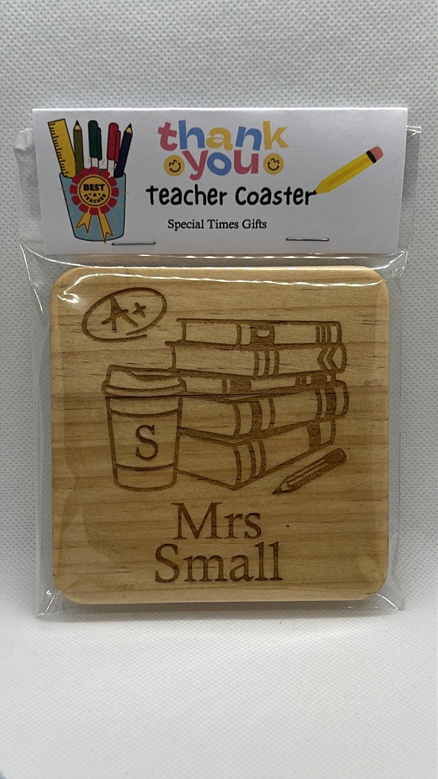 Teacher personalised gift. Engraved wooden coaster choice of designs. Gift sealed. End of school year gift. Thank you