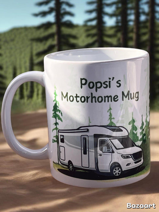 Motorhome personalised mug. Custom made with name. Motorhome set in a watercolour forest background. Motorhome gift.
