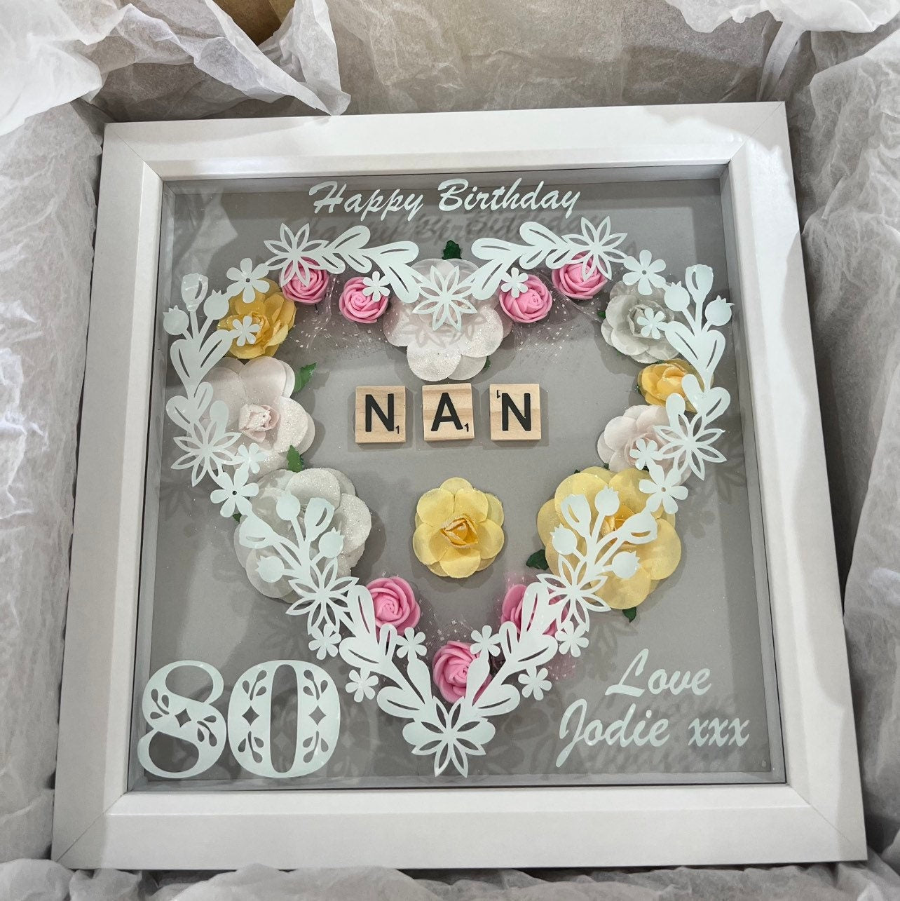 Personalised Birthday floral box frame. Handmade with own words.  Birthday keepsake, Mum, Aunt, Sister, friend Birthday gift.