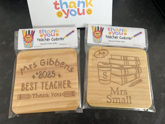 Teacher personalised gift. Engraved wooden coaster choice of designs. Gift sealed. End of school year gift. Thank you