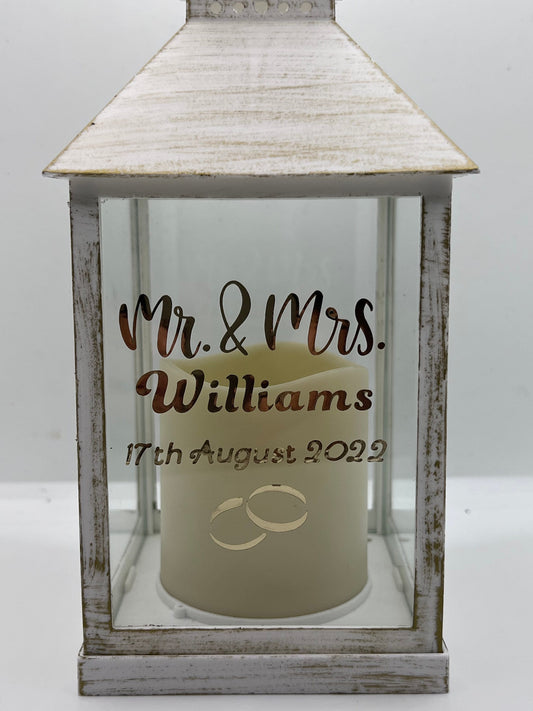 Personalised Wedding lantern. , Anniversary, led candle. Brushed gold. Wedding gift. Keep sake. Name and dates or any personalised words