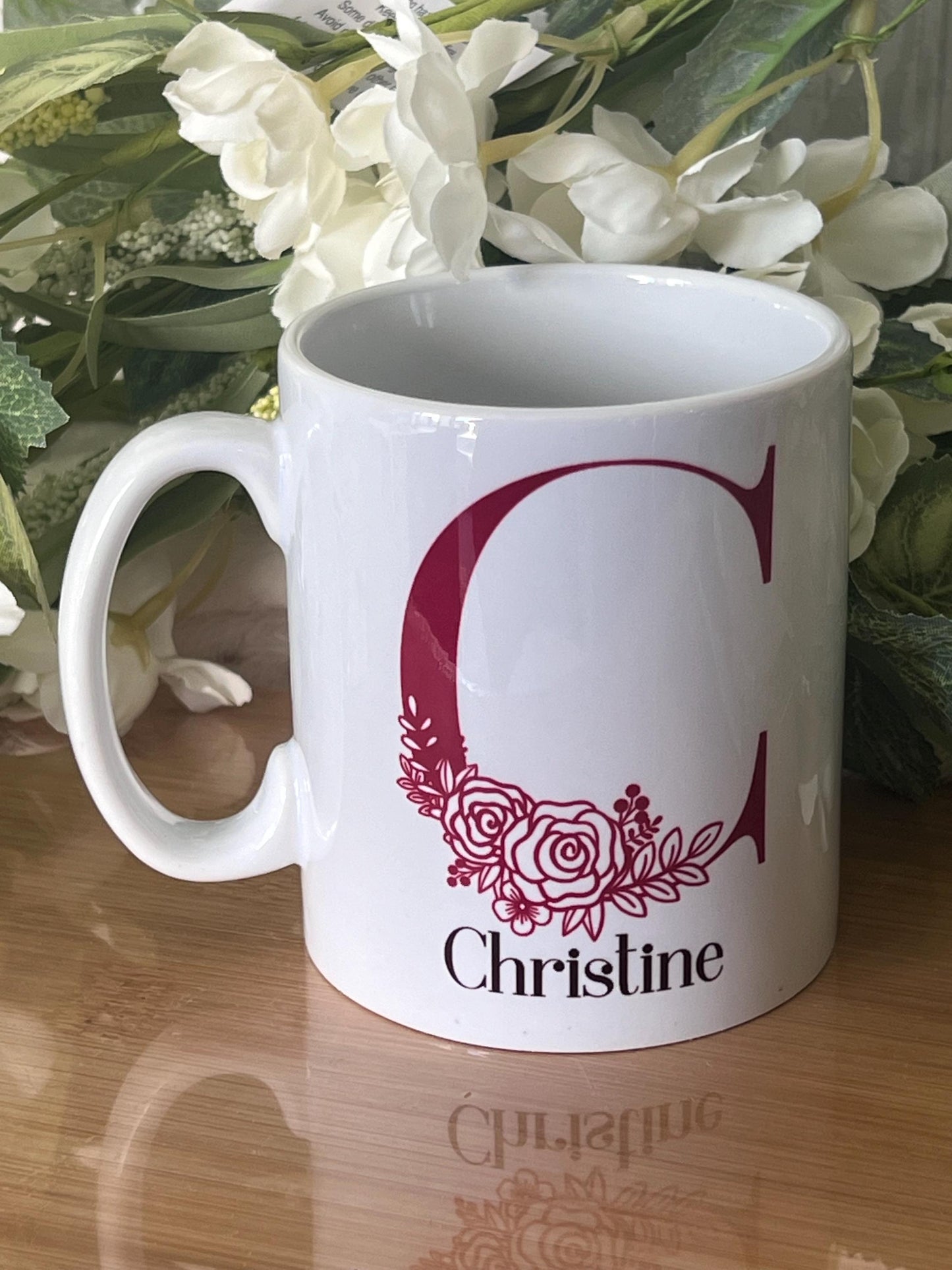 initial mug. Name mug. personalised mug 11oz with initial and name  and your drink order on the back customised. ideal for office work mug.