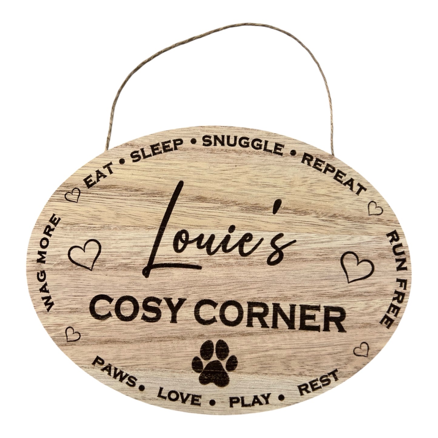 Personalised Dog Sign –Oval Laser Engraved Wooden Wooden Effect MDF Wall Hanging (20cm) – Custom Name & Breed Pet Gift or Dog Corner Decor