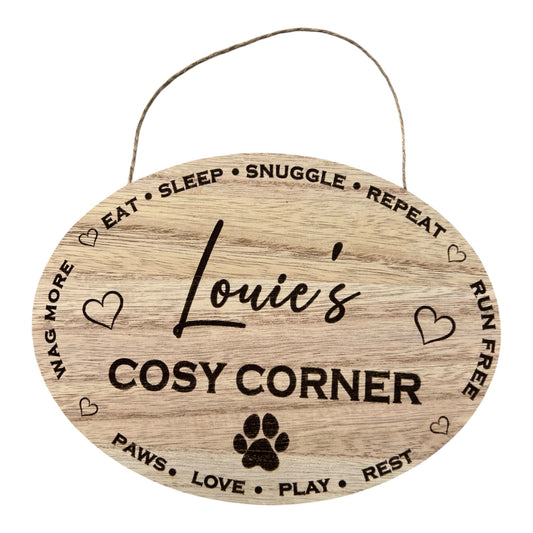 Personalised Dog Sign –Oval Laser Engraved Wooden Wooden Effect MDF Wall Hanging (20cm) – Custom Name & Breed Pet Gift or Dog Corner Decor
