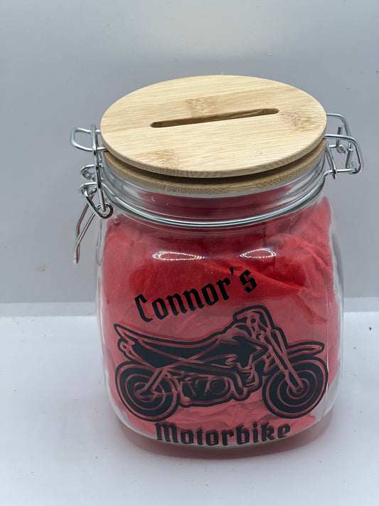 Personalised Motorbike fund glass jar Money Box . Savings jar . Piggy bank with money slot. motorbike maintenance fund,
