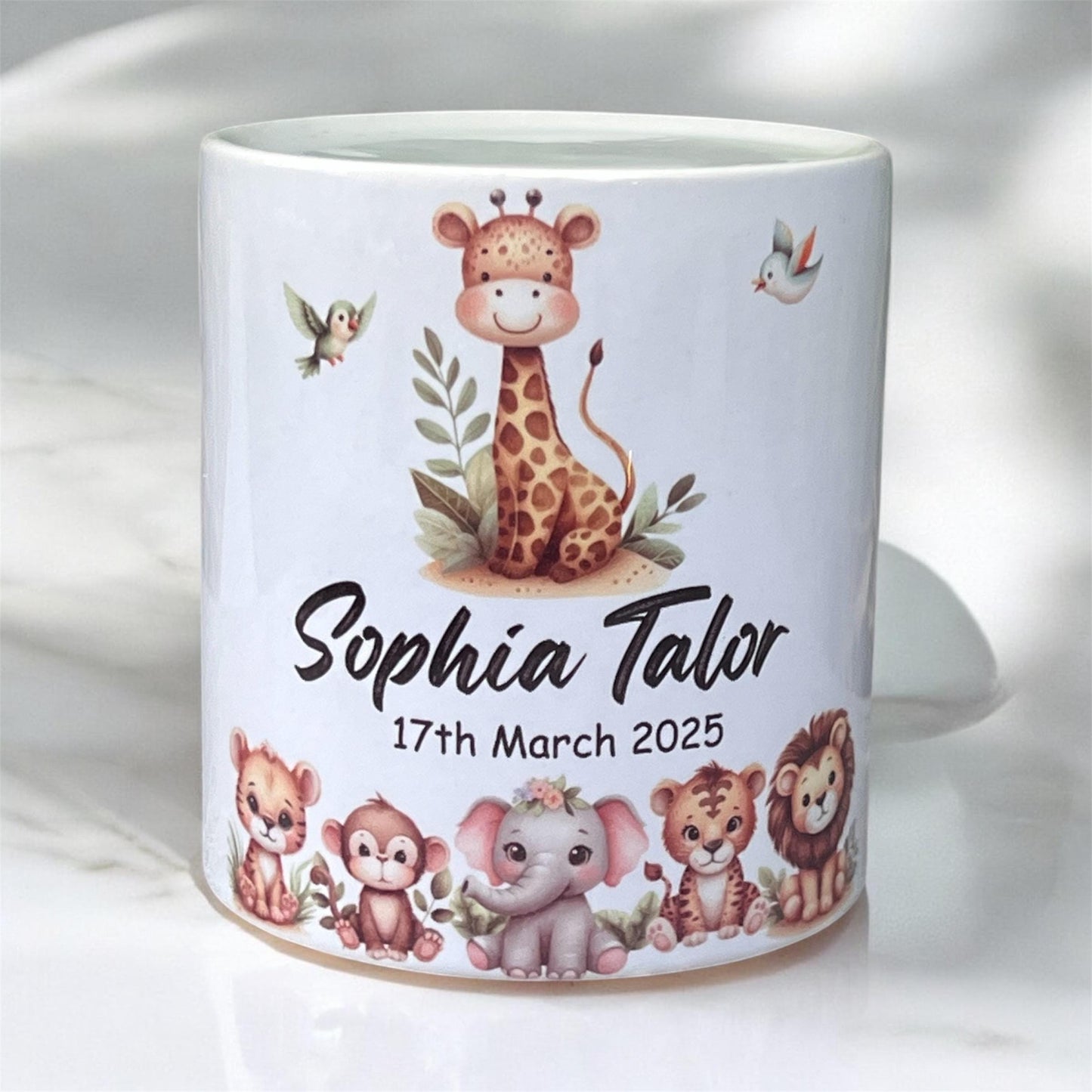Personalised new baby gift | Baby animals | children’s money box |baby’s 1st Birthday gift | Christening gift | Naming day gift | Any words.