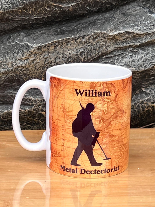 Personalised Metal Detecting cup, mug. 10oz  our silhouette Metal detector, your Name.. Birthday gift. Metal detector- treasure map