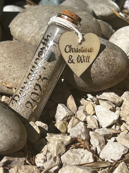 Personalised sand jar with cork stopper. Sand bottle. Wedding honeymoon special holiday etc. with wooden heart. Keepsake. Memories. 10.5cm