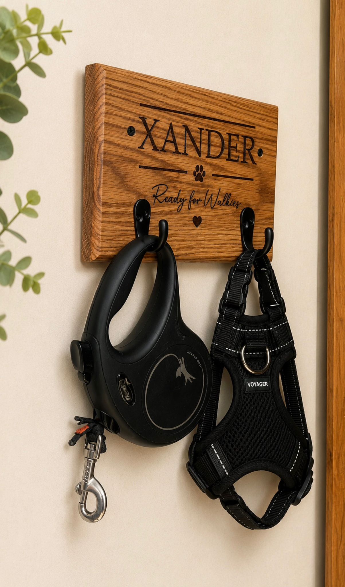 Personalised Solid Oak Dog Lead Holder-Engraved Dog Lead & Harness Hook. Custom Pet Wall Mounted Organiser.
