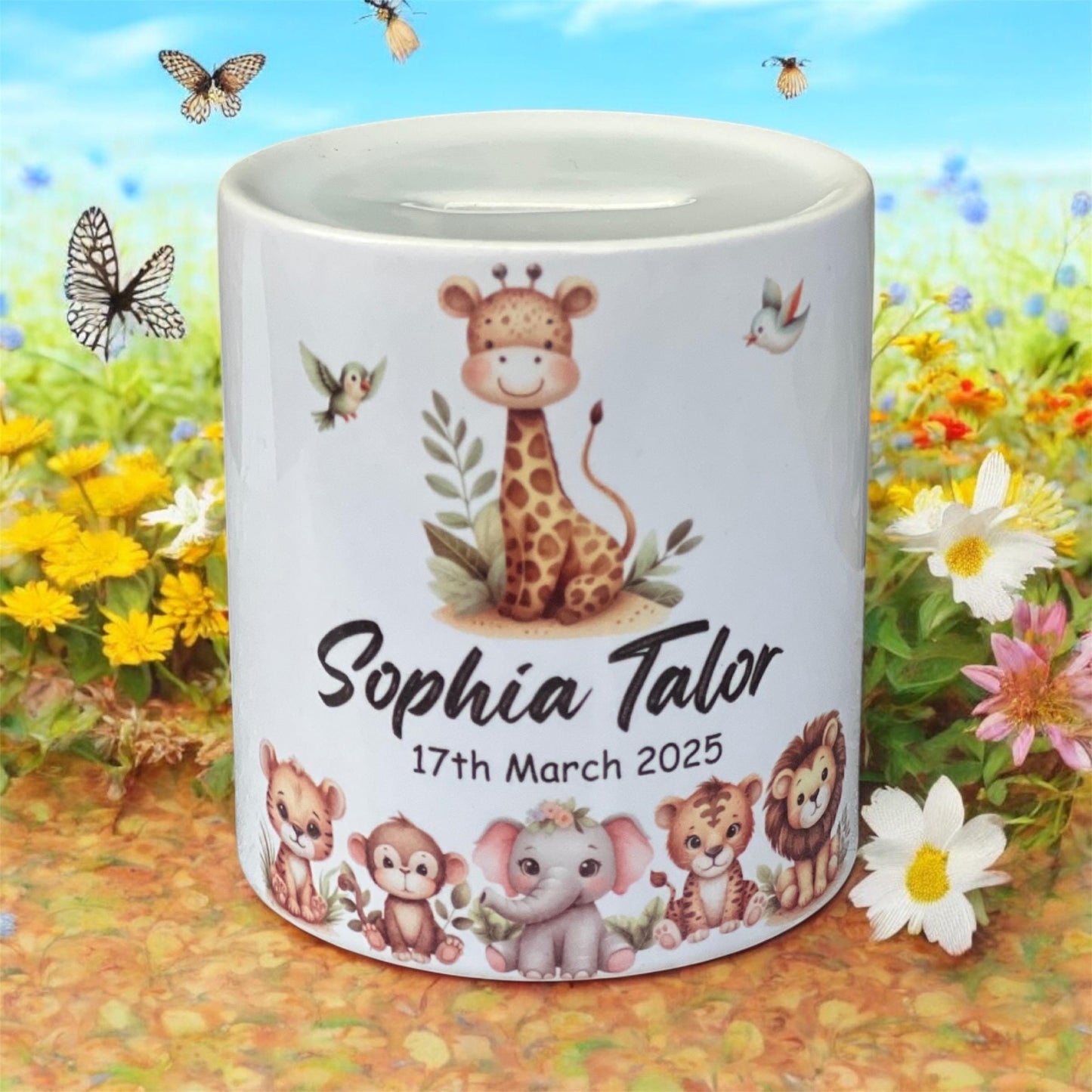 Personalised new baby gift | Baby animals | children’s money box |baby’s 1st Birthday gift | Christening gift | Naming day gift | Any words.