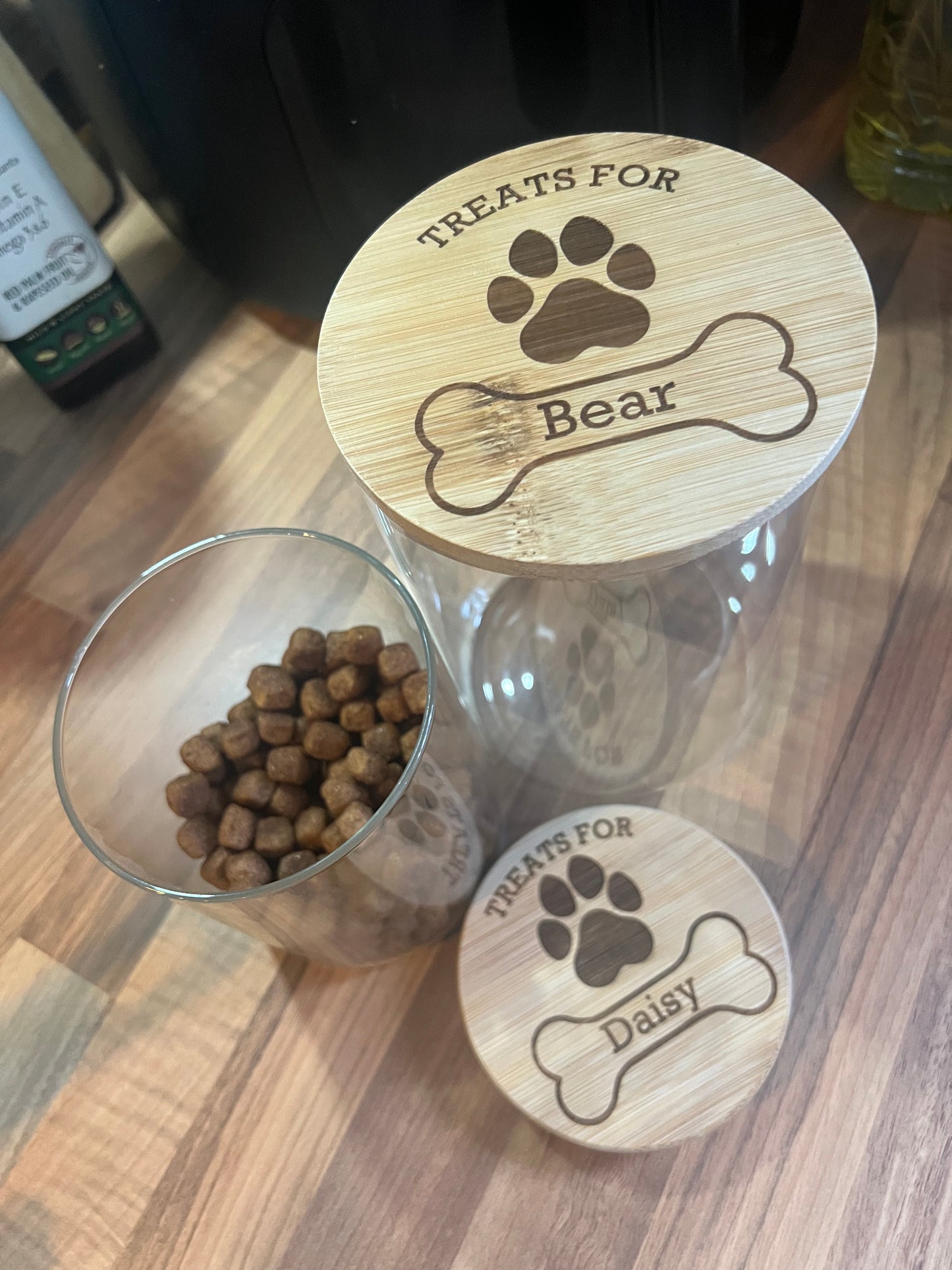 Dog treats jar personalised with name. engraved. pet treats storage jar, can be custom made to any words 2 sizes . Airtight bamboo lid.