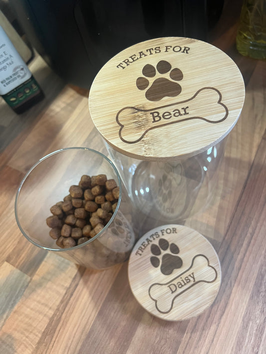 Dog treats jar personalised with name. engraved. pet treats storage jar, can be custom made to any words 2 sizes . Airtight bamboo lid.