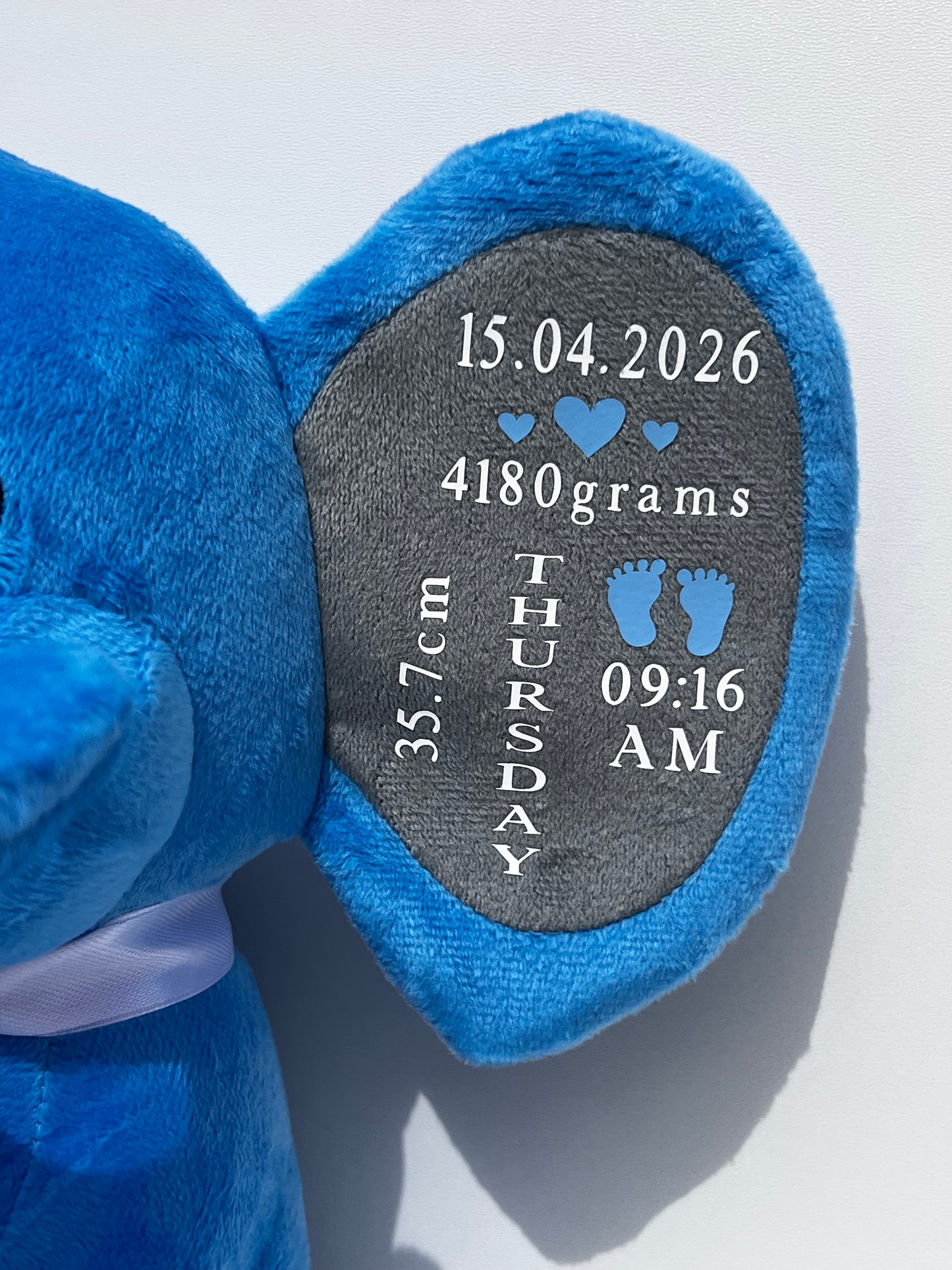 Personalised Plush Blue Elephant | Baby Stats Keepsake | New Baby & Shower Gift. Baby Boy