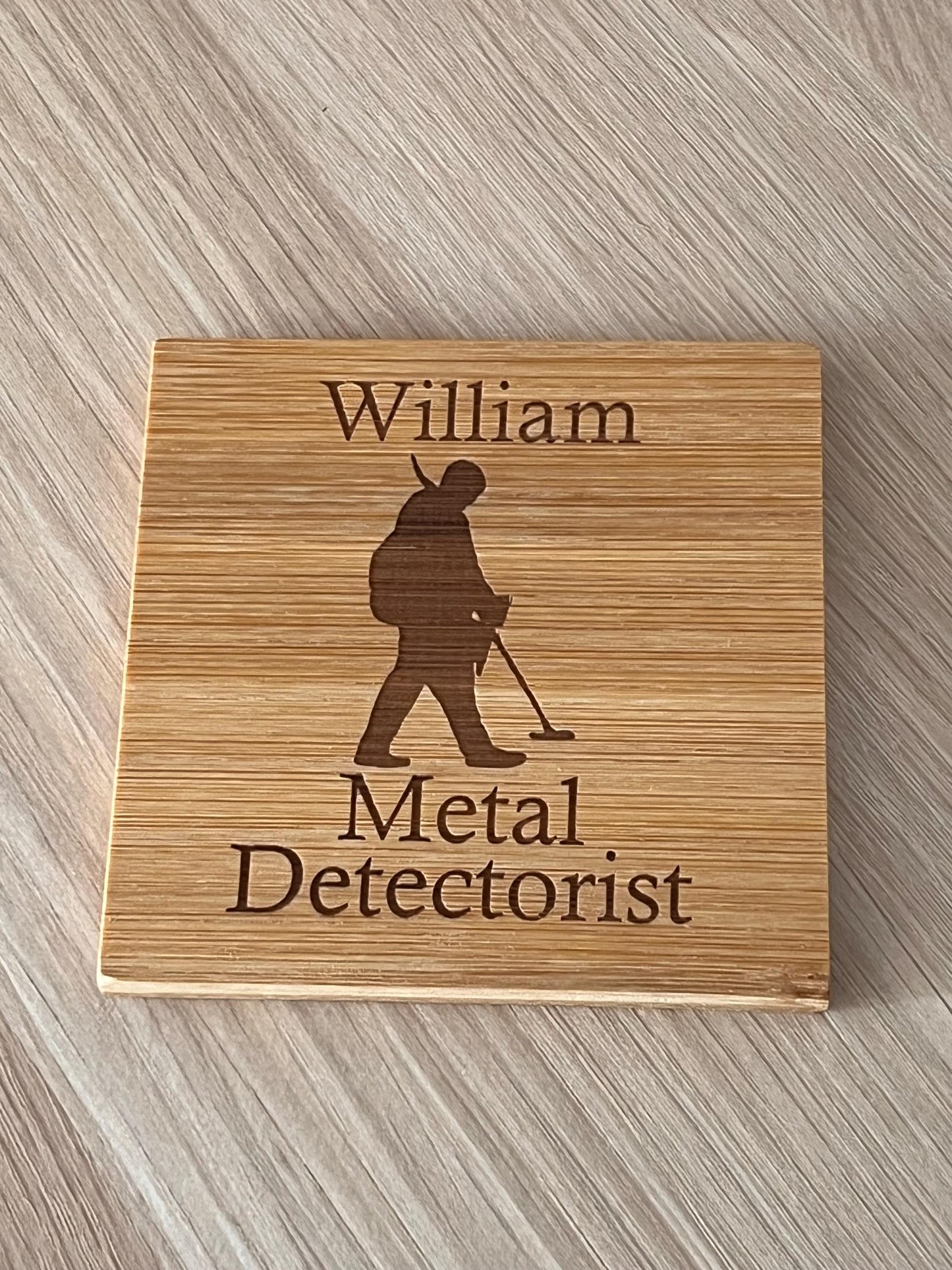 Personalised wooden engraved coaster. Metal detector with name. Metal Detectorist. great gift. Birthday, Hobby, anniversary.