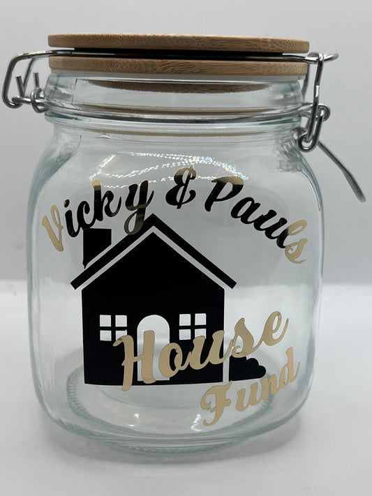 Personalised House fund glass jar Money Box . Savings jar . Piggy bank with money slot.