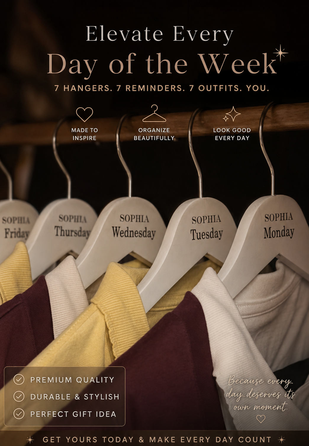 Week day hangers - Personalised hangers - Work day hangers- Engraved hangers. white school day wooden. Engraved hangers-Visual aid hangers
