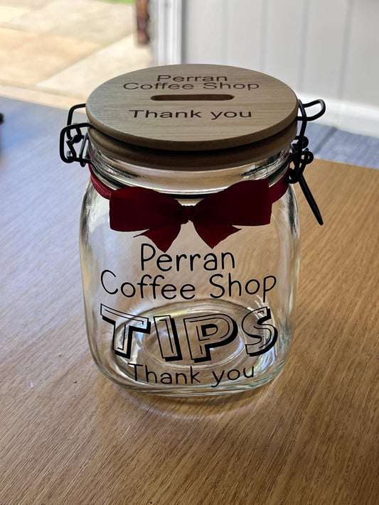 Personalised Tips glass jar with NEW Engraved Wooden Lid. Money Box  Savings jar . Business tips jar , hairdressers, cafes, etc. Money jar,