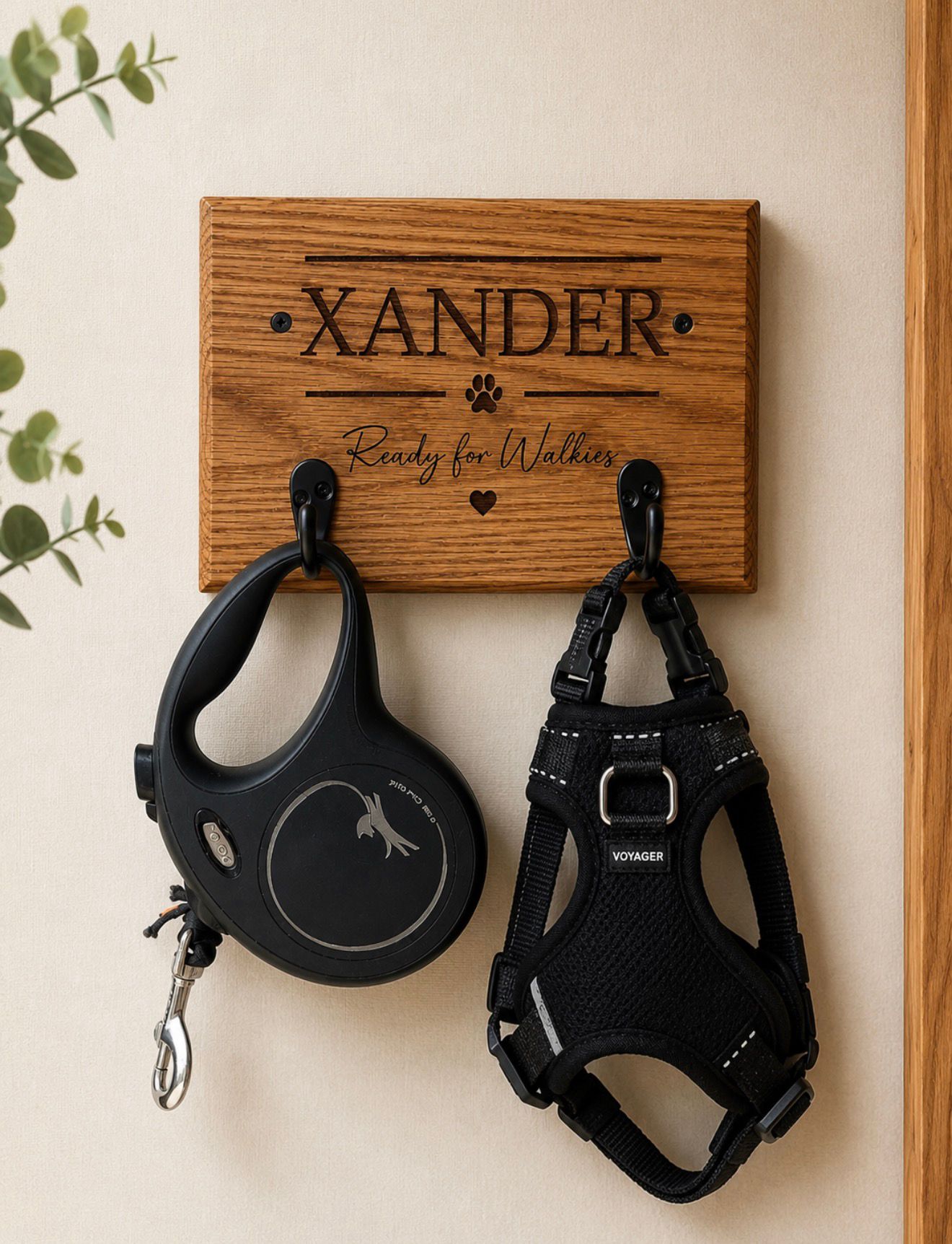 Personalised Solid Oak Dog Lead Holder-Engraved Dog Lead & Harness Hook. Custom Pet Wall Mounted Organiser.