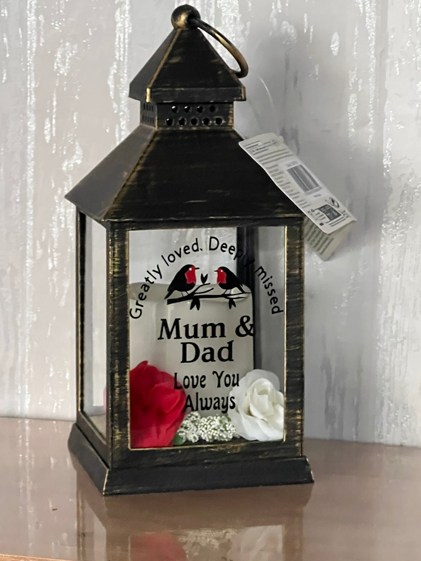 Personalised Memorial Lantern choice of flower colour, Mum, Dad, Nan, Grandad Wife , husband etc. Graveside ,Home. Auto candle two robins