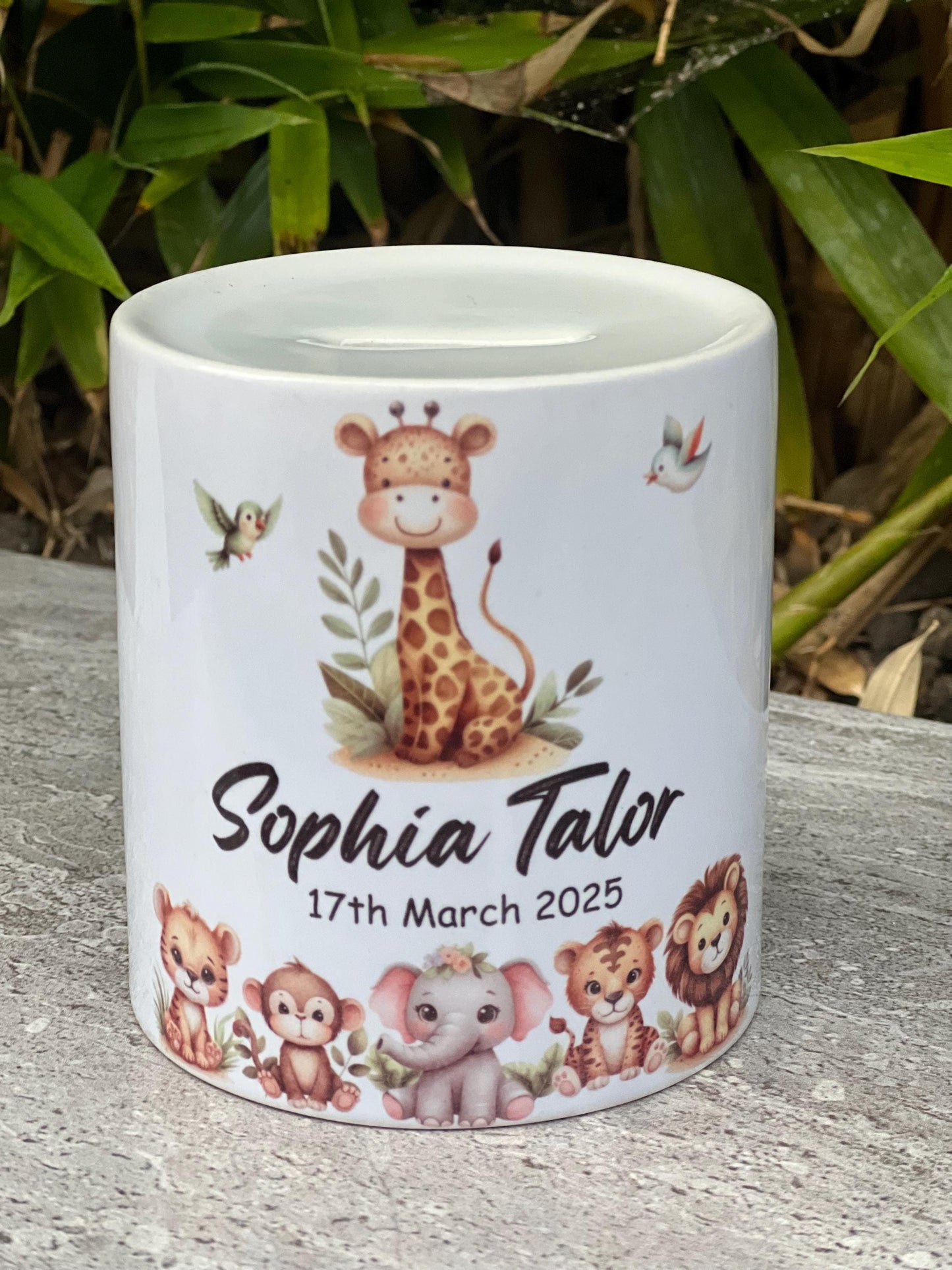 Personalised new baby gift | Baby animals | children’s money box |baby’s 1st Birthday gift | Christening gift | Naming day gift | Any words.
