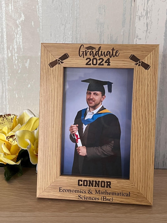 Graduation 2025 Personalised photo frame. Engraved Frame, Oak effect Wonderful way to celebrate graduation. Keepsake. 4x6  custom made