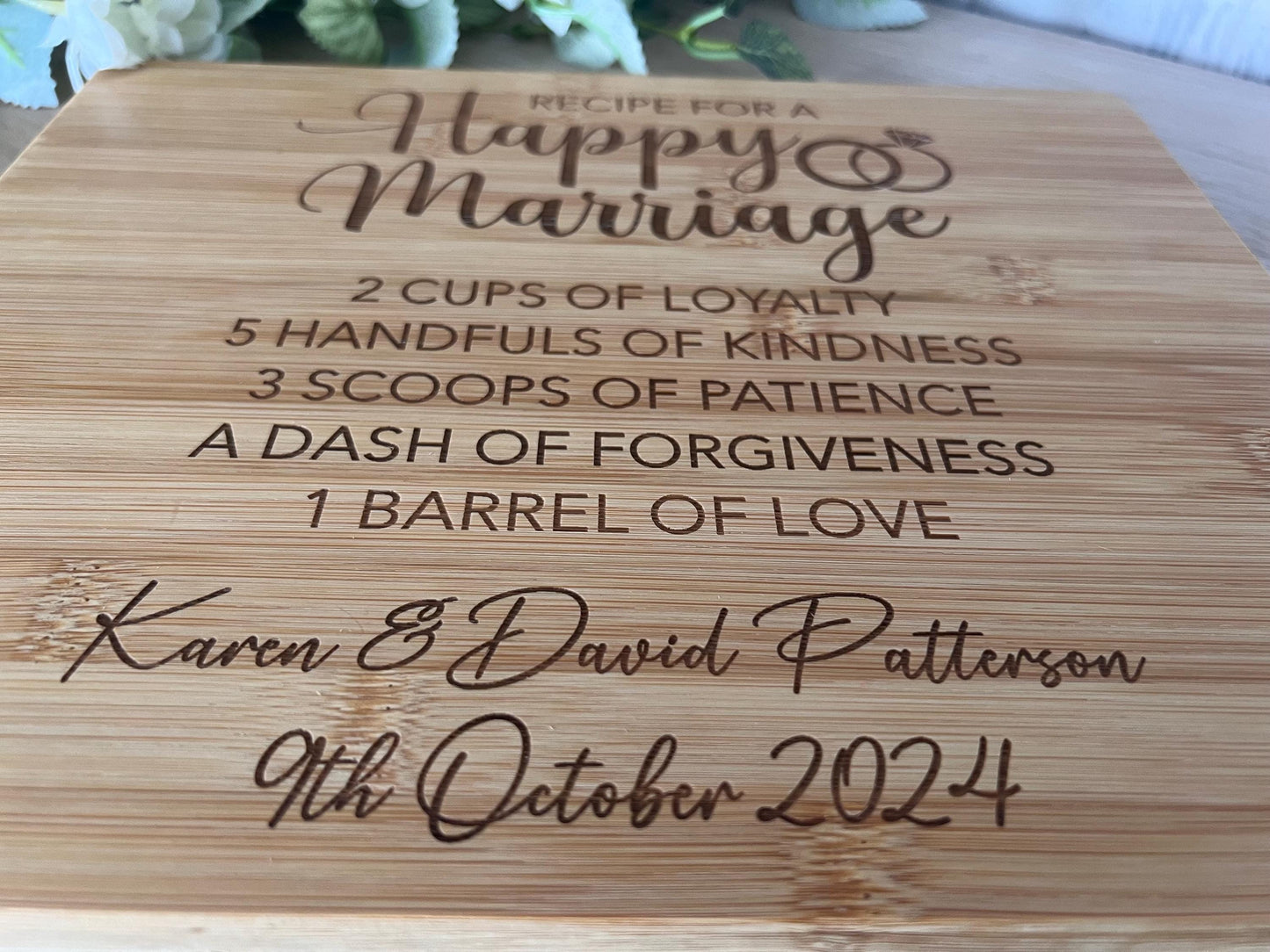 Engraved chopping board for a couple, happy marriage recipe. Custom with names and date. Anniversary-keepsake-gift-wedding gift