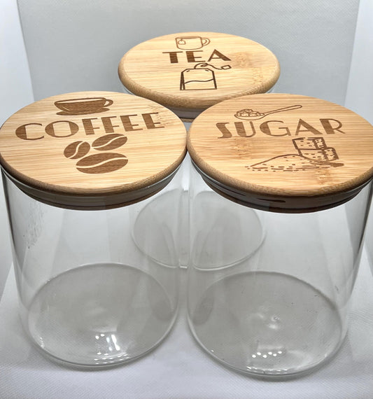 Engraved Tea Coffee and Sugar canister set or individual. Glass storage with engraved airtight bamboo lid. visual aid