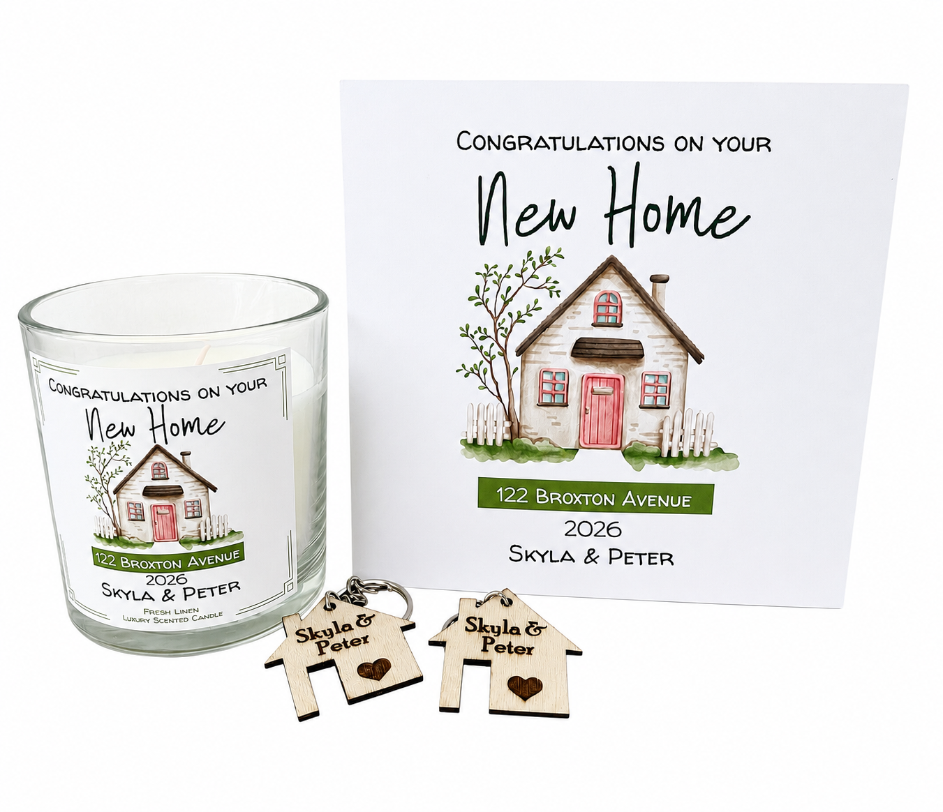Personalised New Home Card & Candle | Moving House Card with Optional Engraved Keyring