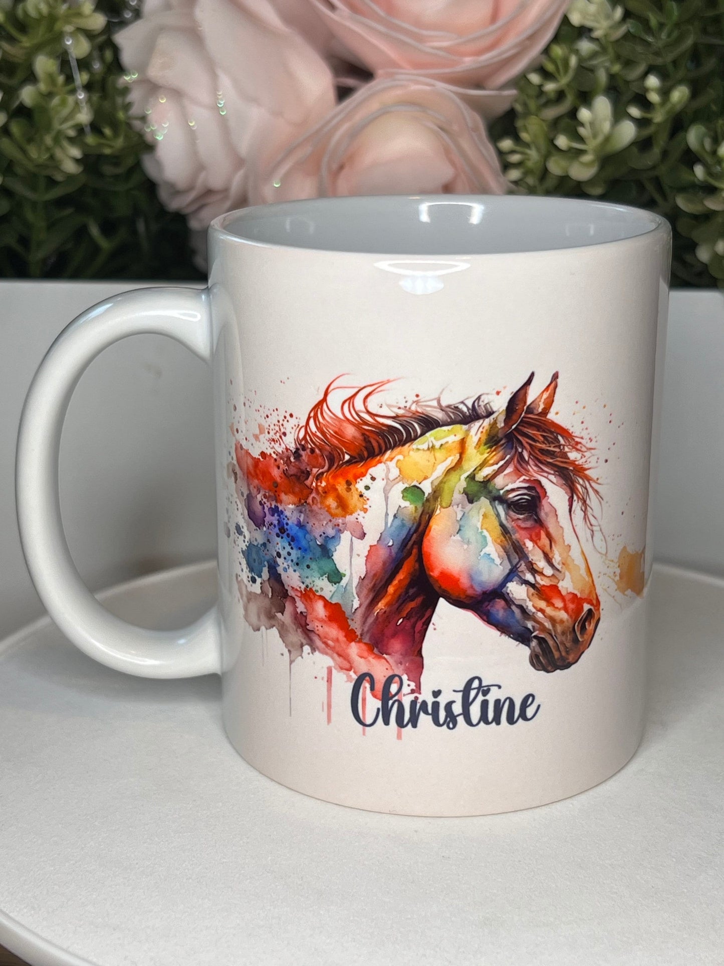 Personalised horse cup, mug. 11oz, water colour art horse with any name great gift. Equestrian, horse rider gift. love horses art mug