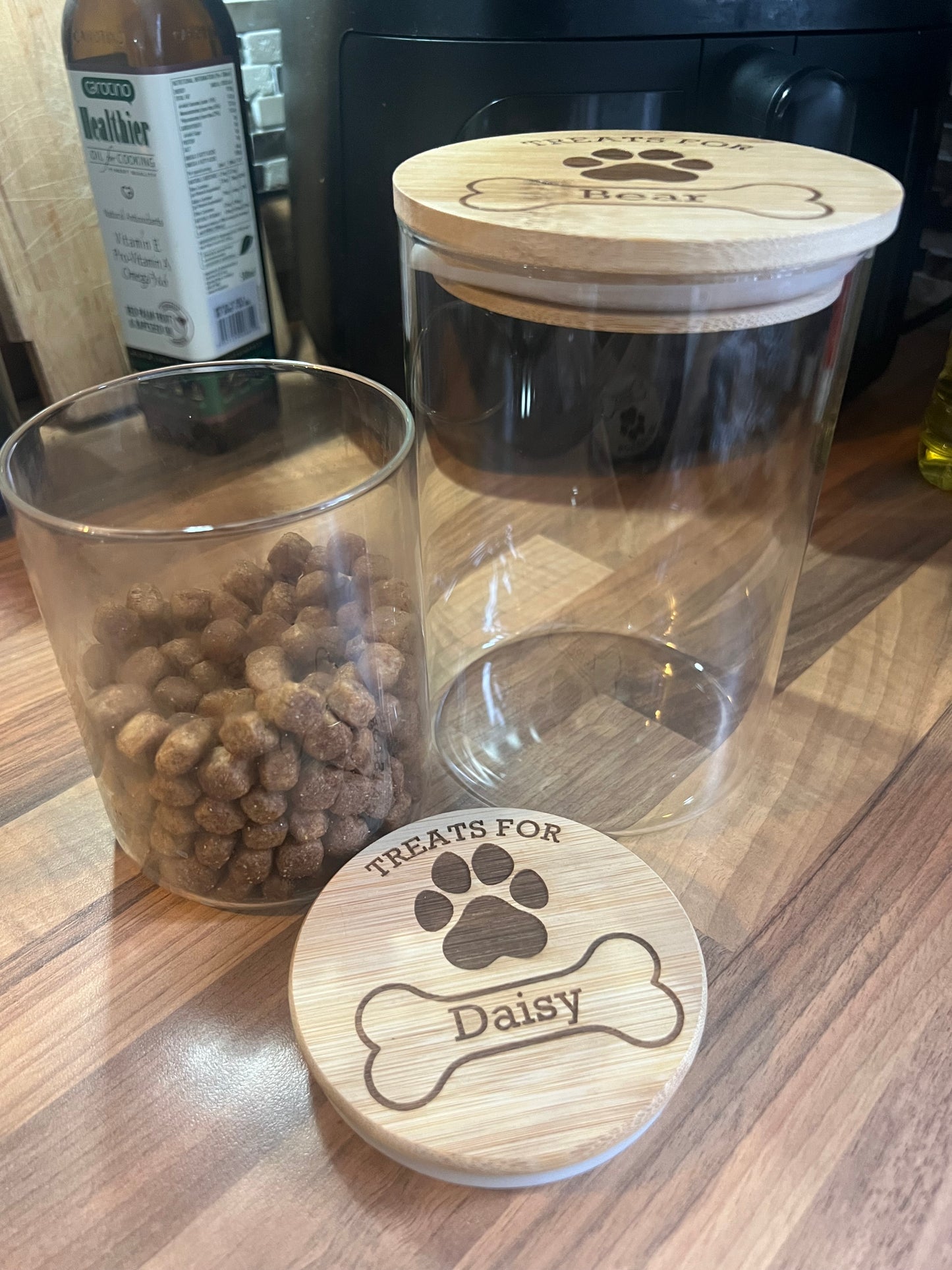 Dog treats jar personalised with name. engraved. pet treats storage jar, can be custom made to any words 2 sizes . Airtight bamboo lid.