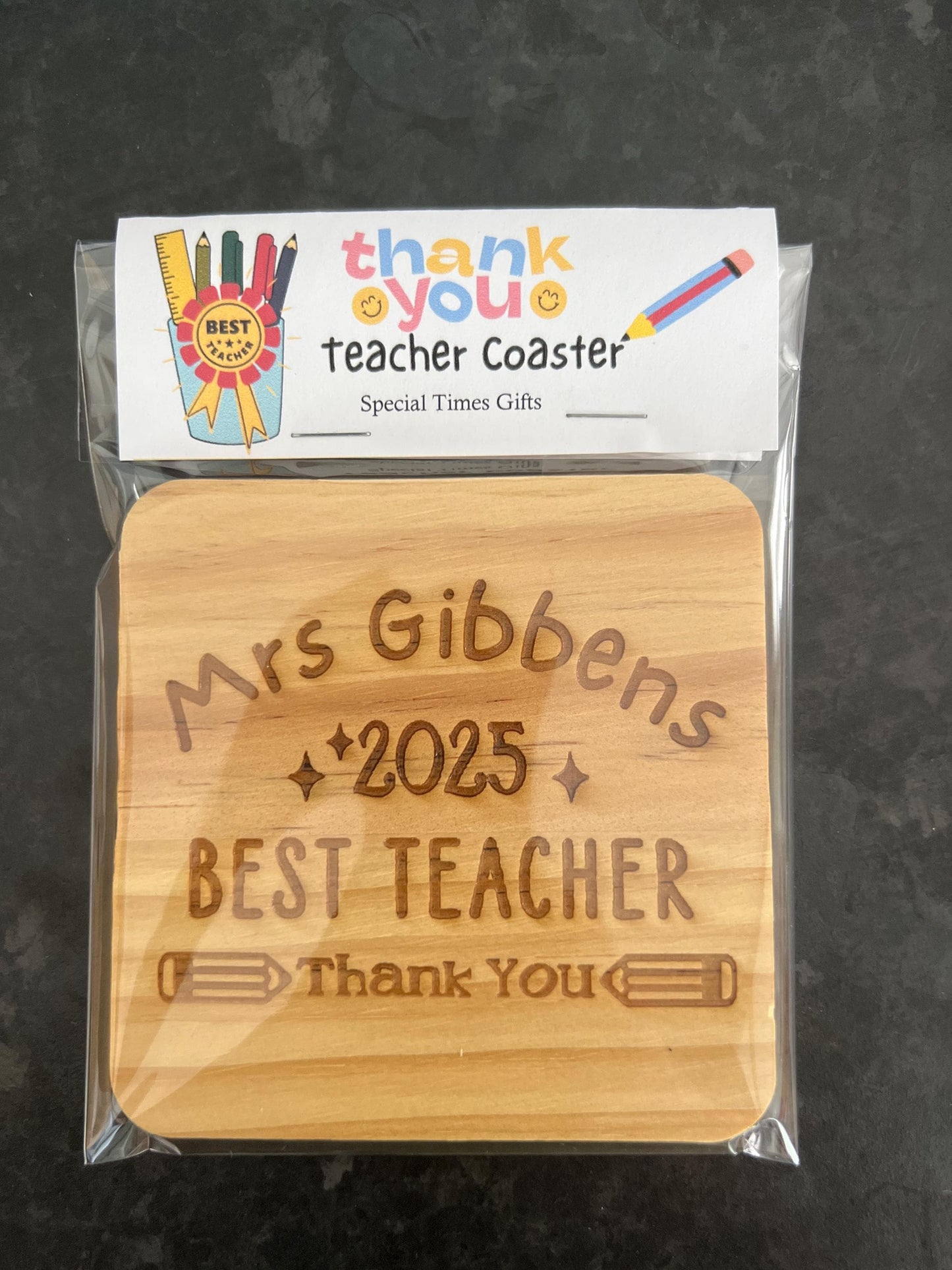 Teacher personalised gift. Engraved wooden coaster choice of designs. Gift sealed. End of school year gift. Thank you