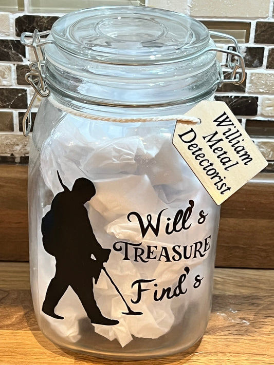 Personalised Metal detector Treasure finds jar. Detector gift, Storage Jar. Great way to store those finds. Male or female detector image.