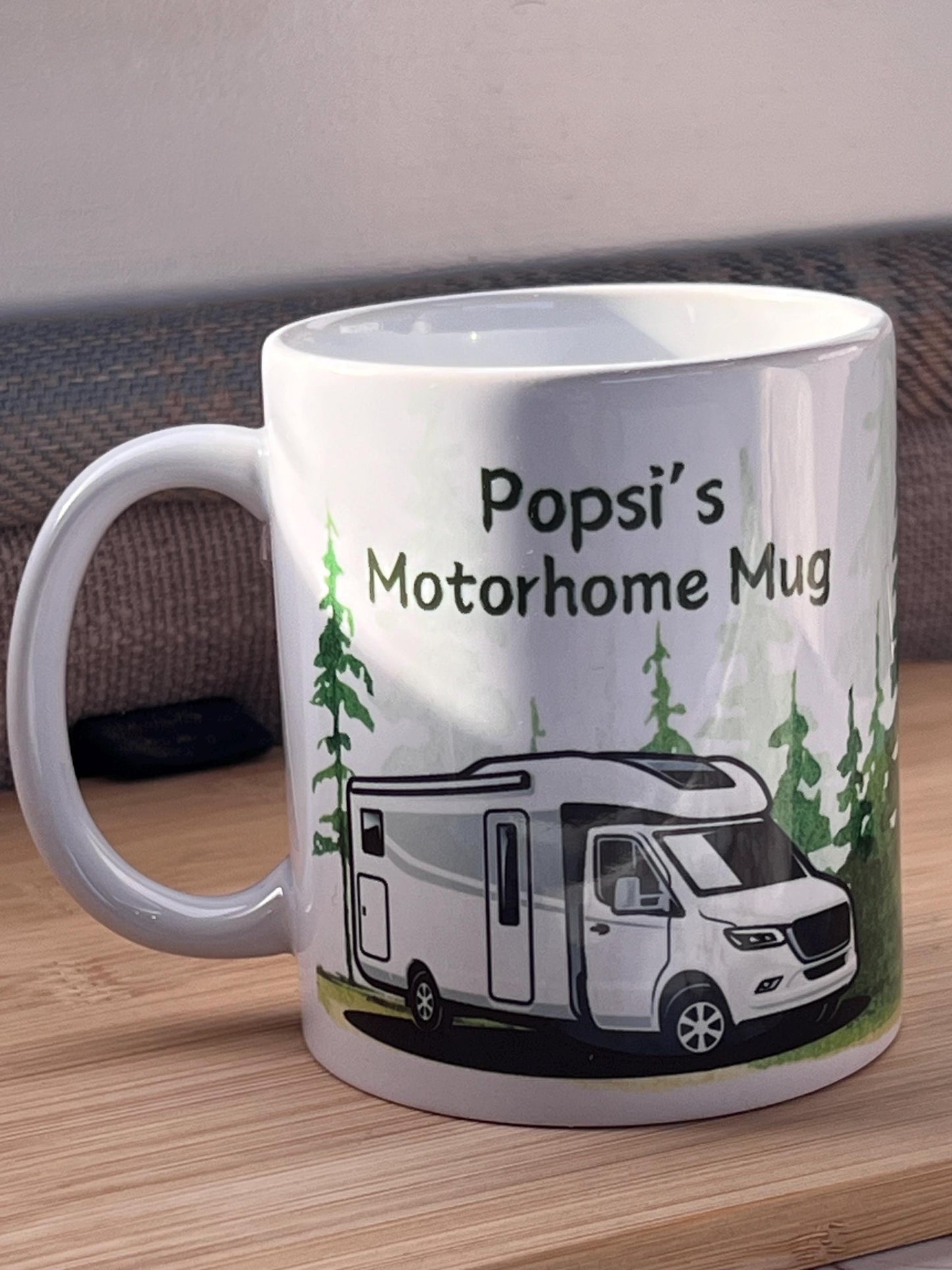 Motorhome personalised mug. Custom made with name. Motorhome set in a watercolour forest background. Motorhome gift.
