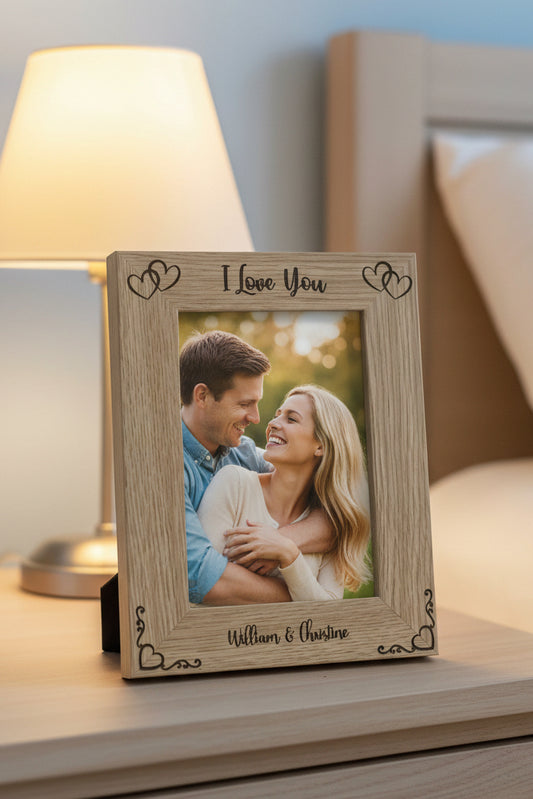 Valentine’s Day photo frame. Couple, Anniversary ,etc I love you. PERSONALISED lovely oak effect engraved photo frame holds 6x4 photo. Any words.