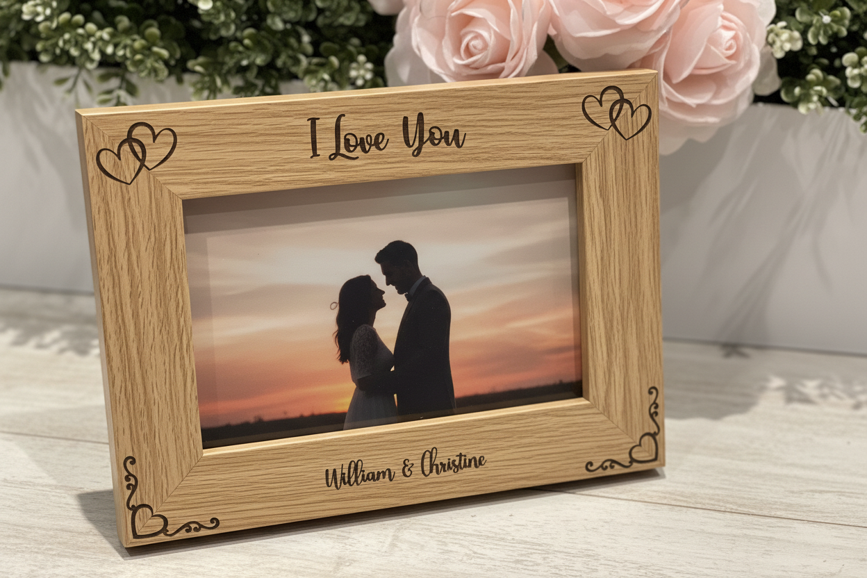 Valentine’s Day photo frame. Couple, Anniversary ,etc I love you. PERSONALISED lovely oak effect engraved photo frame holds 6x4 photo. Any words.