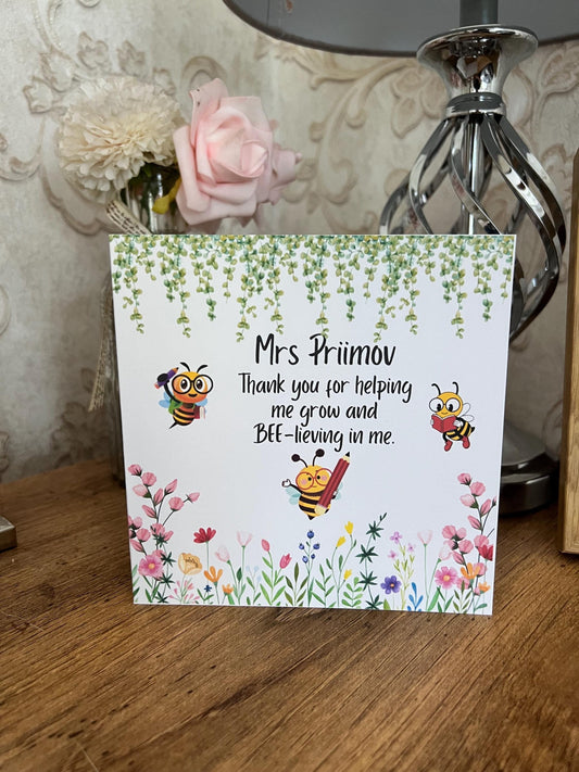 Teacher thank you card. Bee card. Garden Teacher end of year card. personalised with teachers name. 6x6 inch quality card and white envelope