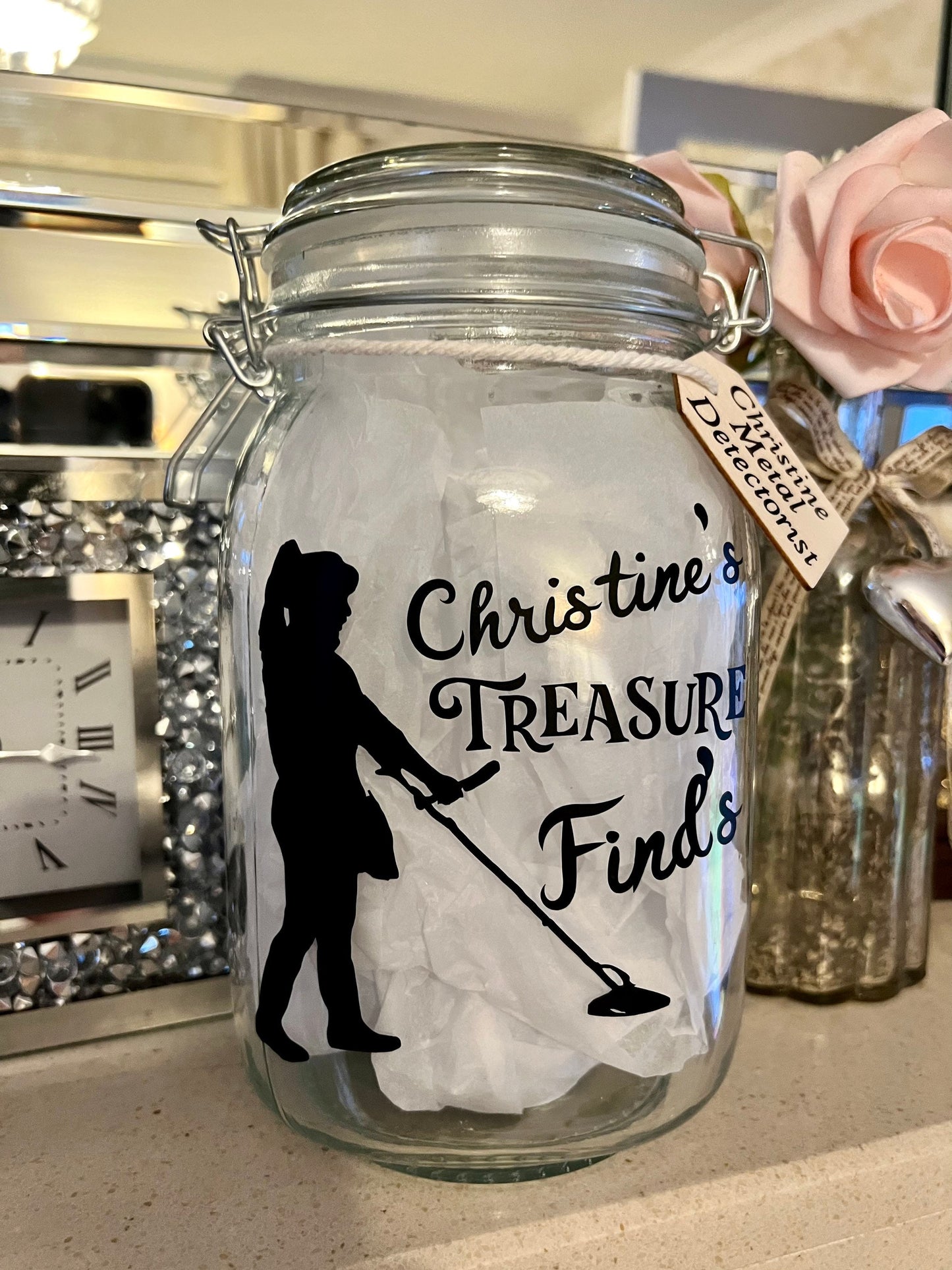 Personalised female Metal detector Treasure finds jar. Detector gift, Storage Jar. Lady metal detector gift. Treasure
