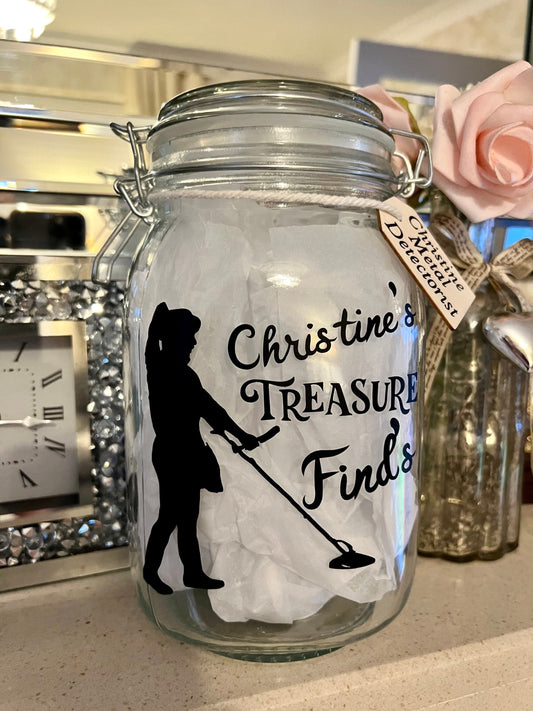 Personalised female Metal detector Treasure finds jar. Detector gift, Storage Jar. Lady metal detector gift. Treasure