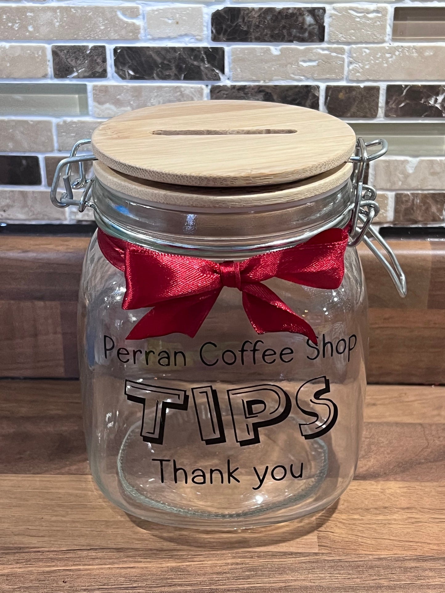 Personalised Tips glass jar Money Box . Savings jar . Business tips jar , hairdressers, cafes, etc. Money jar, coins and notes. 2 sizes…