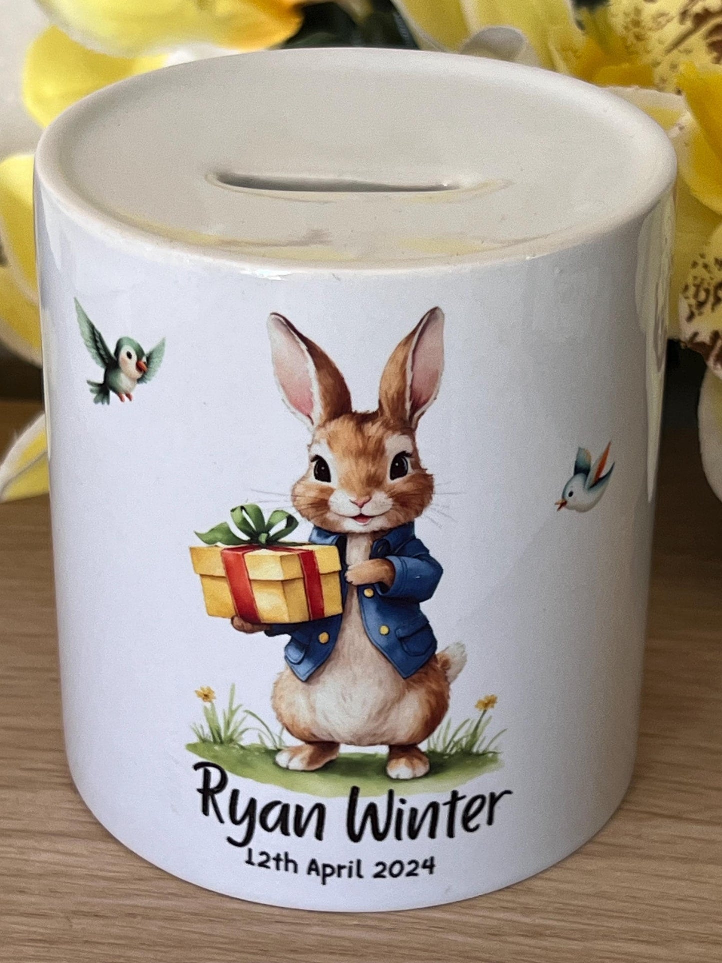 Personalised christening gift | Peter rabbit | children’s money box |baby’s 1st Birthday gift | Naming gift | New born gift. Cute Any words.